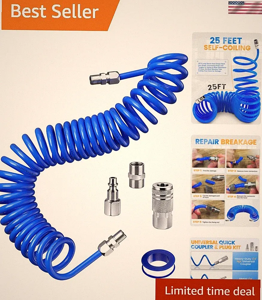 25 Feet Repairable PU Recoil Air Hose, Air Compressor Hose with 1/4" NPT Indu...