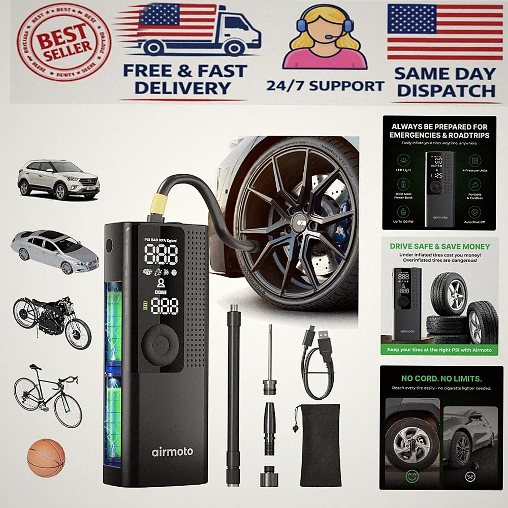 Cordless Air Compressor with Auto Shut-Off - Perfect for Car & Motorcycle Tires
