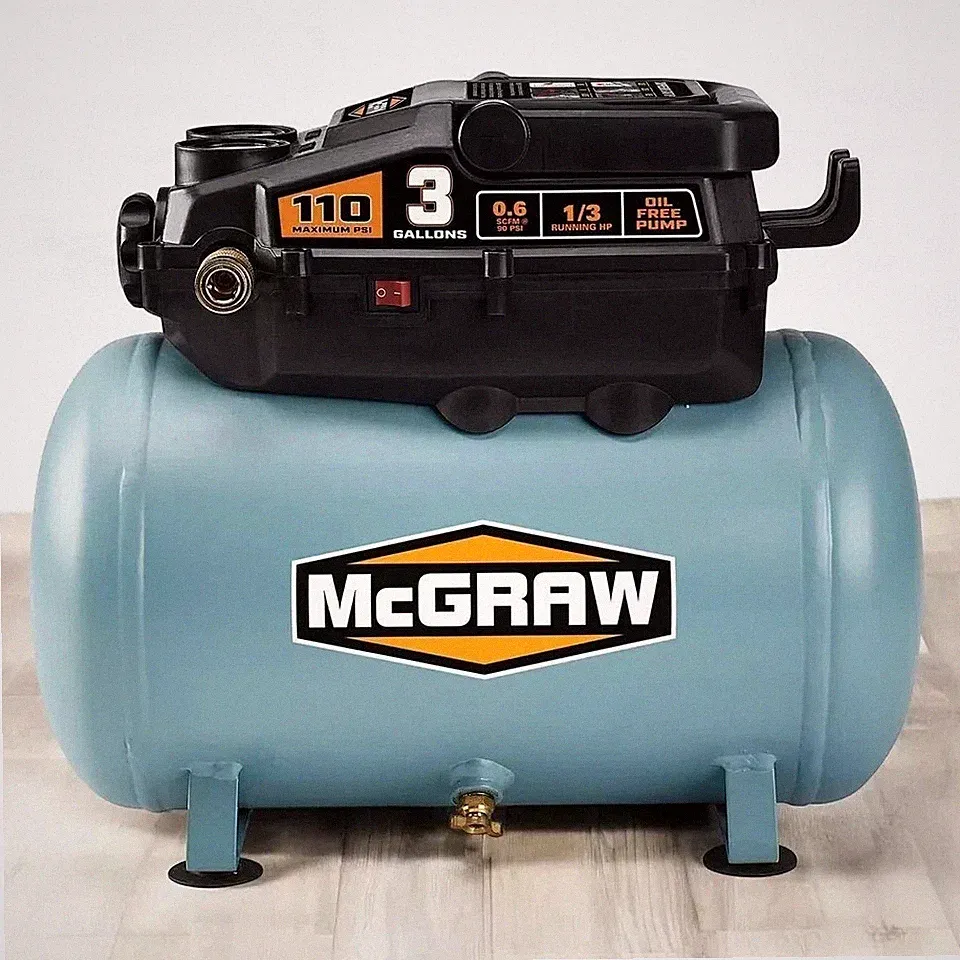 MCGRAW 3 Gallon 1/3 HP 110 PSI Low Profile Oil-Free Hotdog Air Compressor 120V