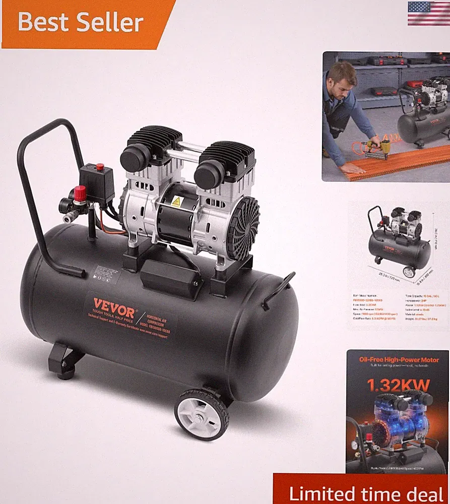 Portable 15 Gallon Oil-Free Air Compressor - 2HP, 5.3 CFM at 78dB Noise Level