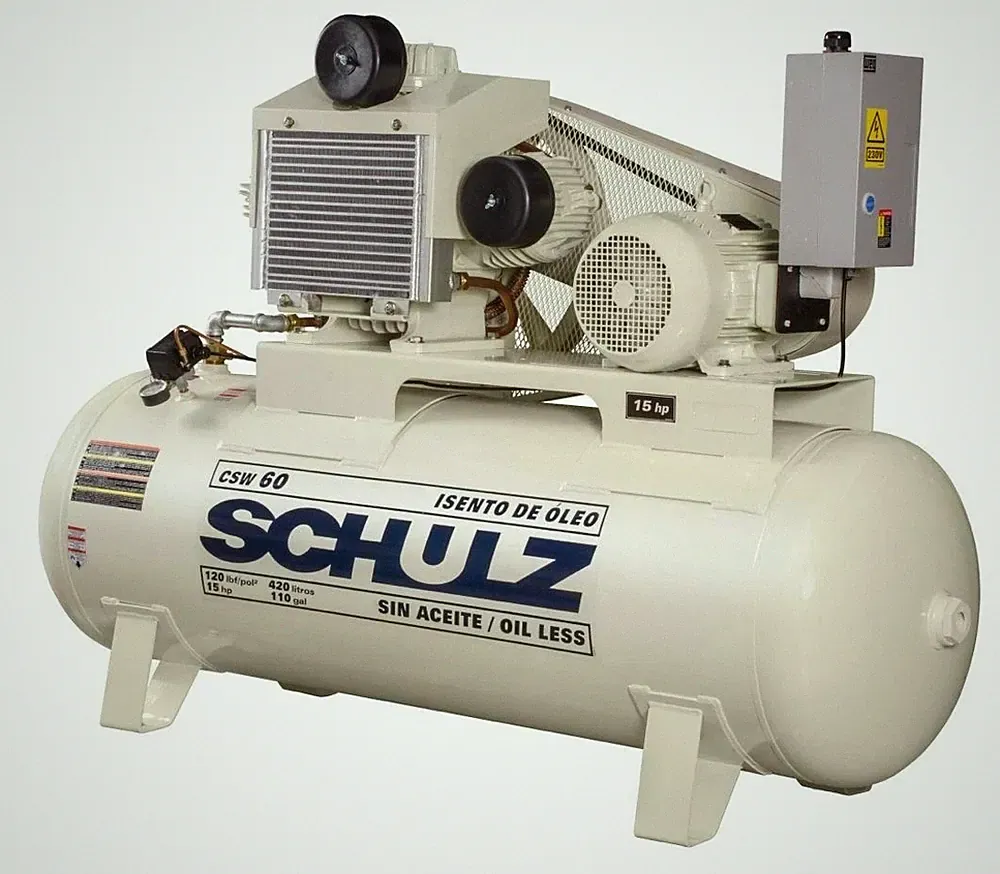 SCHULZ 15 HP Oil‑Free Two‑Stage Air Compressor with 120 Gallon Horizontal Tank